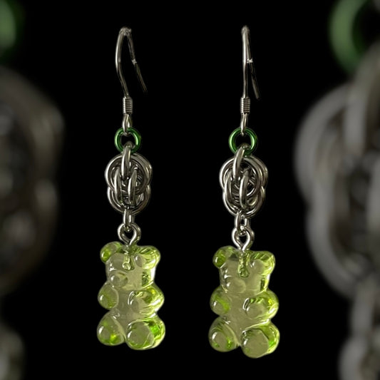 Gummy Bear Sweet Pea Chainmail Earrings - Green