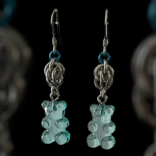 Gummy Bear Sweet Pea Chainmail Earrings - Blue