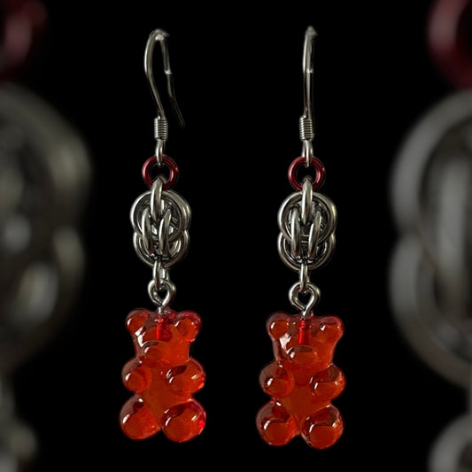 Gummy Bear Sweet Pea Chainmail Earrings - Red