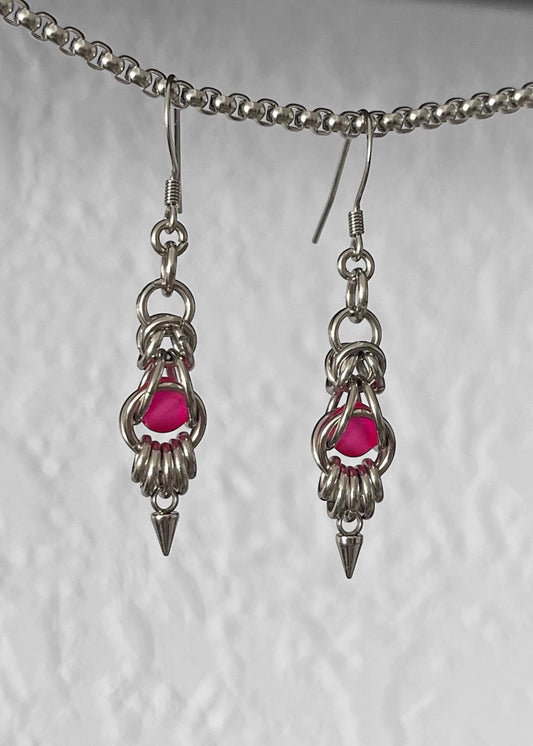 Stainless Steel Captured Bead Earrings - Pink